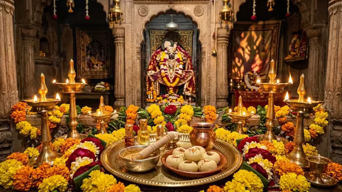 Divine Vrindavan temple sanctum adorned with brass oil lamps, fresh marigold flower garlands, and sacred itra sewa prasad thali for VIP darshan