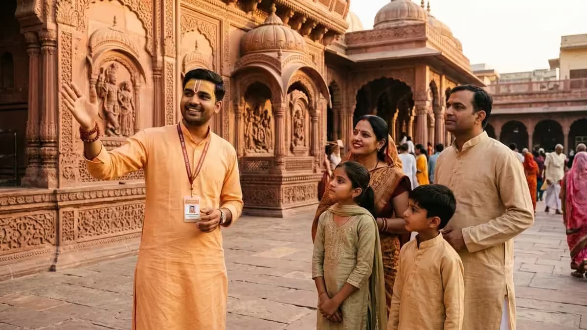 Authorized native Brajwasi storyteller guide with yellow chandan tilak explaining ancient temple history and Krishna leelas to an Indian family in Vrindavan