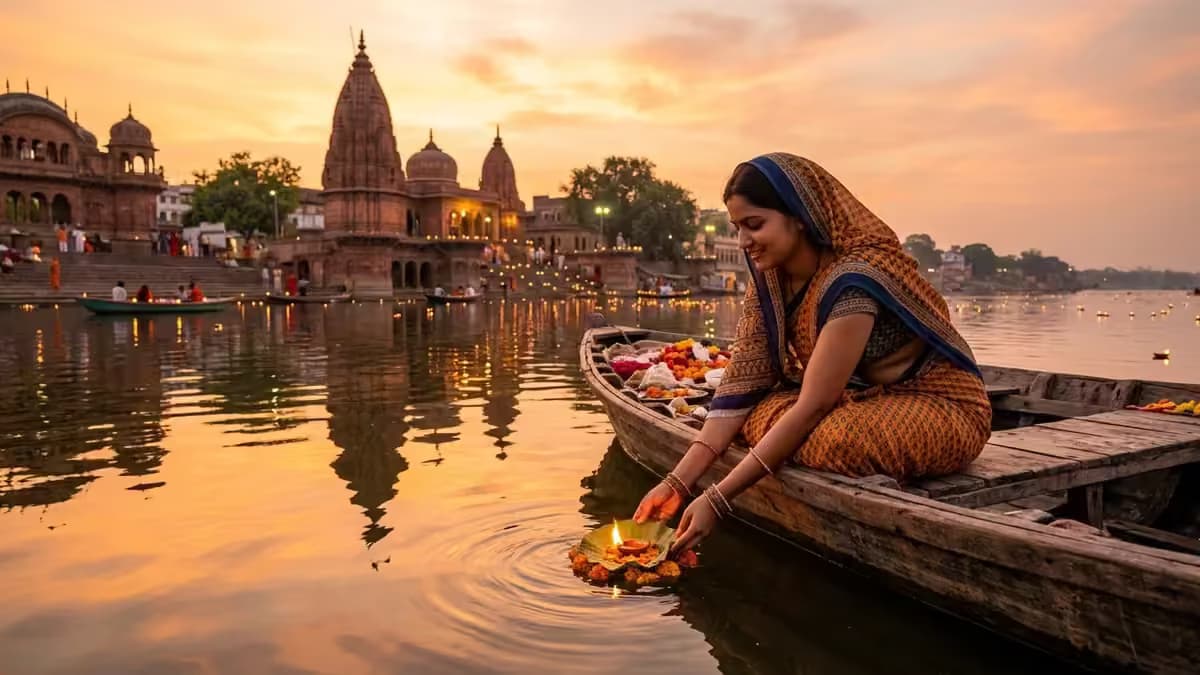 Devotee on traditional wooden boat floating glowing clay lamps for 108 Deep Daan on Yamuna river at sunset near Keshi Ghat Vrindavan